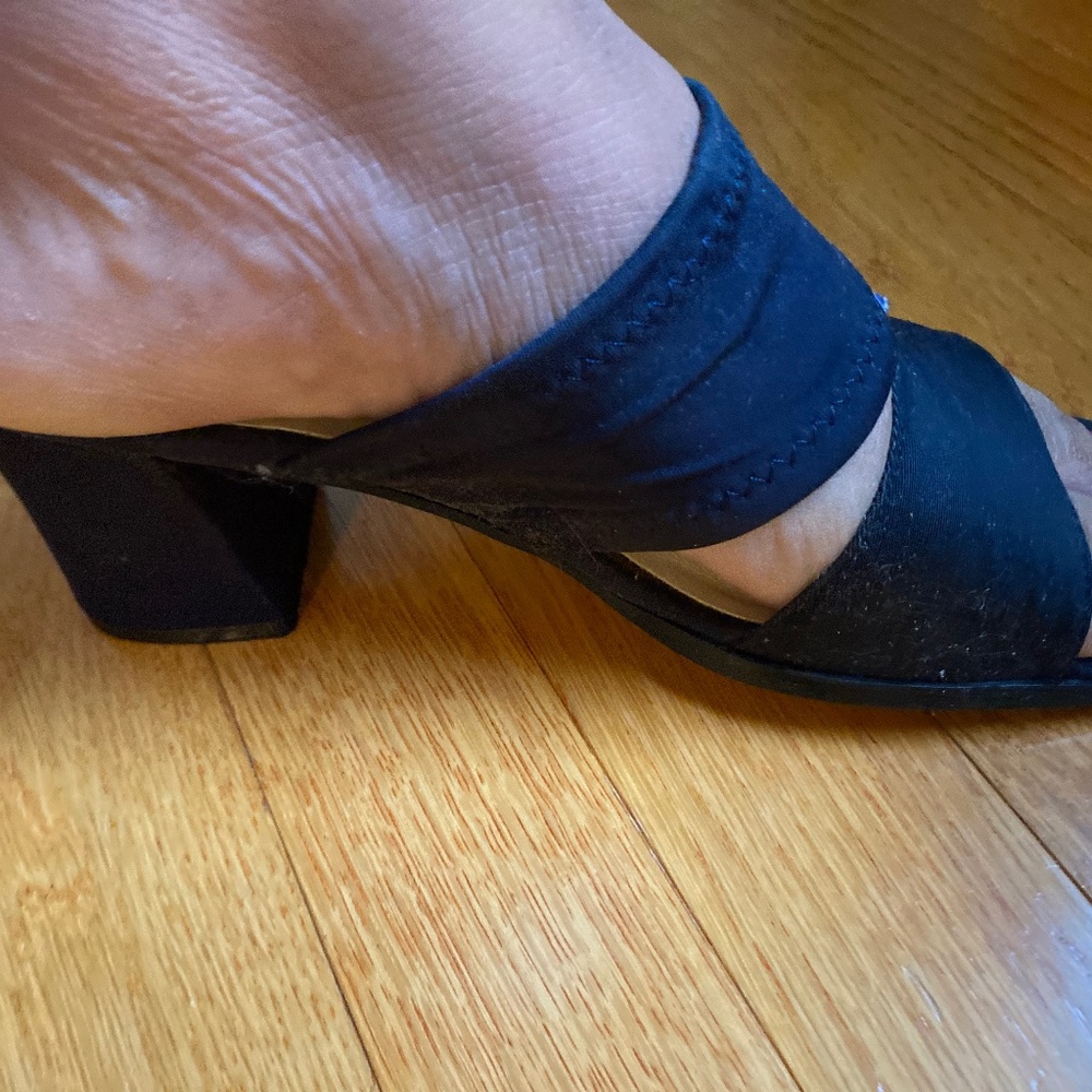Navy blue slip on block heel